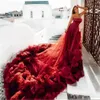 New Dark Red Multilayer Princess Prom Dress Long Strapless Ruffles Tulle Court Train Formal Evening Party Gowns Robe De Soiree Vestidos Feast