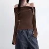 Women's Sweaters Top 2023 Fashion Knitted Diagonal Neck Sweater Flare Sleeve Pullover Lady Off Shoulder