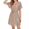 Casual Dresses 2023 Women's Sexy Short Sequin Dress Champagne Gold Sliver Shiny Chic Elegant Luxury Party Night Club Evening