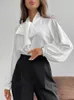 Kadın bluzları zarif gömlekler kadın beyaz dantel-up sonbahar gündelik fener kolu üstleri ofis bayan moda gevşek temel all-maç