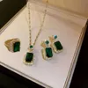 Güzel 925 Gümüş Pin Kübik Zirkon Emerald Geometrik Damla Küpeler Parlayan Kristal Elmas Dikdörtgen Şeklinde Kolye Kolye