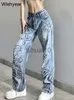 Jeans femininos cintura alta carta rasgada jeans moda mulheres inverno calças retas denim calças largas primavera senhoras y2k streetwear atacado j231211