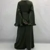 Abbigliamento etnico Dubai Flowy Abaya Manica grande con volant Islamico Musulmano Donna Abito lungo con cerniera Polsino svasato Modesto panno di raso di velluto morbido lucido 231208