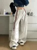 Pantalon Femme Hikigawa Printemps Rayé Taille Haute Femmes Chic Mode Harajuku Cordon Large Jambe Pantalon Poche Patchwork Pantalones