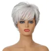 Cosplay perucas moda perucas femininas curto encaracolado cabelo sintético cinza branco cor misturada oblíqua bang cabeça capa 231211