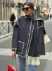 Women's Wool Blends TRAFZA Women Fashion Woolen Coat Patchwork Tassel Coats With Scarf Long Sleeve Pocket Single Breasted Jacket Winter Outerwear 231211