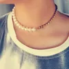 Correntes MinaMaMa Aço Inoxidável Fuax Pearl Chain Colar para Mulheres Handmade Beads Curto Gargantilha Colares Hip Hop Jóias