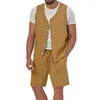 Homens Tracksuits Verão Mens Casual Jaqueta Colete Define Cor Sólida Curto Homens Homem Outfits 2 Peça Shorts Oversized Set Terno