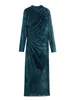 Повседневные платья, женское плиссированное платье из тюля с принтом 2023, элегантное платье миди с длинным рукавом, винтажное тонкое вечерние на молнии сзади