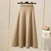 Skirts Elastic High Waist Knitted Skirt Women Autumn And Winter Fashion Plaid Solid Color A-line Bag Hip Long Skirt 231211