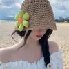 Bérets filles paille chapeau de plage disquette seau chapeaux pliable été pour soleil fleurs pêcheur