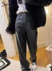 Pantalones para mujer Syiwidii Velvet Mujeres Otoño Invierno 2023 Vintage Cintura alta Cuero de imitación Negro Casual Longitud completa Pierna ancha