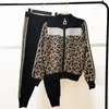 Women's Two Piece Pants Color Matching Zipper Cardigan Leopard Knitted Suit Fashion Women's Versatile Top 2-piece Ins