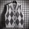 Herrvästar man kläder väst ärmlös Argyle Waistcoat stickade tröjor för män blå rutig y2k vintage långärmad Sheap Sweat-shirt