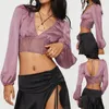 Blusas femininas moda blusa colheita topos roxo manga longa decote em v pura renda floral elegante camiseta