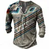 Men's T Shirts Vintage T-Shirt Button Henley 3D Print V Neck Fashion Long Sleeve Tees Oversized Casual Autumn Man Clothing Tops