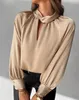 Vrouwen Blouses Shirts 2023 Herfst Satijn Lange Mouw Hollow Out Keyhole Hals Twisted Ruches Top Kantoor Dame Blouse Vrouwelijke Kleding