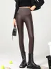 Damen Leggings Frauen Slim PU Leder Nähte Hosen Sexy Leggings Dehnbar Hohe Taille Figurbetont Herbst Winter Dünne Fleece Hosen Skinny Leggings 231211