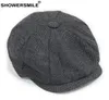 SHOWER Black Grey Wool Hat Man Newsboy Caps Herringbone Tweed Warm Winter Octagonal Hat Male Female Gatsby Retro Flat Caps S10207700097