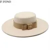 Autumn Winter French Ladies White Bownot Flat Top Fedora Hat 10cm Brim Banket Elegant Felt Hat Wedding Dress Cap 220524195B