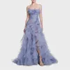 Abiti casual da sogno blu polveroso in tulle increspato abiti lunghi divisi abiti floreali a strati da donna festa formale senza spalline maxi