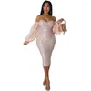 Robes décontractées Robe à paillettes à l'épaule pour femmes Sexy Wear Party Night Club à manches longues Slim Hip Wrap Moulante Robe Midi Robe