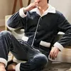 Men's Sleepwear Button-up Loungewear Set Winter Pajamas With Lapel Striped Top Elastic Waist Pants Thick Warm Soft Homewear For Men