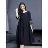 Casual Dresses O-neck Embroidered Ladies 3/4 Sleeve Spring Summer Thin Solid Color Vintage Fashion Loose Women's Clothing 2023