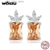 Stud WOSTU Real 925 Sterling Silver Women Pineapple Earrings Rectangle Champagne Crystal Stud Earring Wedding Jewelry Girl Party Gift YQ231211