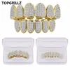 Hip Hop Iced Out CZ Gold Teeth Grillz Caps Top and Bottom Diamond Tooth Grillzs Set For Men Women Gift Grills268b