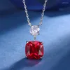 Anhänger Halsketten EYIKA Trendy Einfache Glänzende Zirkon Party Edlen Schmuck Quadrat Blau Rot Kristall Labor Rubin Saphir Halskette Für Frauen