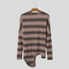 Men's T Shirts Fashion Well Fitting Tops INCERUN Men Horizontal Stripe Contrast Irregular Hem T-shirts O-Neck Knitted Long Sleeve T-shirt