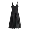 Casual Dresses O-Neck Sleeceless Midi Dress Of Woman 2024 Summer Wide Straps Fabric Hem Woman's Black Low Waistline