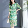 Vestidos casuales Estampado floral de seda real para mujeres 2023 Verano elegante manga tres cuartos ropa de mujer verde vestido largo a-line