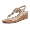 Sapatos de vestido Qianshuyi Chic Silver Lantejoulas Flor Bohemian Sandálias 6cm Salto Alto Cunha Slip-On para Praia 2024 Verão