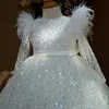 Robes de fille Mode Bébé Fille Princesse Paillettes Tutu Robe Longue Plume Manches Enfant Robe De Mariage Fête D'anniversaire Vêtements De Noël 1 14Y 231211