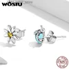 Stud Wostu 925 Sterling Silver Mini Cz Daisy Flower Ladybug أقراط للنساء الأبعاد غير المتناظرة ، هدية مجوهرات فاخرة E1364 YQ231211