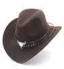 Cappello da cowboy occidentale a tesa larga Berretto da uomo Donna Cappelli Fedora in feltro di lana sintetica Nastro in metallo Bullhead decorato Panama Cap1557025