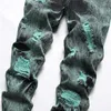 Jeans pour hommes Y2K Tie and Dye Denim Streetwear Trous Pantalon droit déchiré Pantalon vert noir