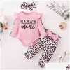 Rompers 3st Born Clothes Baby Girl Sets spädbarnsdräkt Ruffles Romper Top Bow Leopard Pants Toddler Clothing G1221 Drop Delivery Kid Otixu