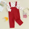 Kledingsets Peutermeisje Valentijn Outfits Hartprint T-shirt met ronde hals Tops Jarretelbroek Overalls 2-delige baby-lentekleding