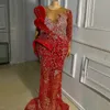 Plus Size Aso Ebi Prom Dresses Luxurious Red Mermaid Beaded Evening Dress Long Sleeves Gala Sparkling African Second Reception Gowns Birthday Party Gown AM140