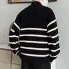 Herrenpullover Vintage-Pullover mit Reißverschlussausschnitt, schwarz-weiß gestreift, Stehkragen, dick gestrickt, warmer Pullover