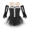 Bühnenkleidung Mädchen Eiskunstlauf Tanzkleid mit Handschuhen Glänzender Strass Ballett Gymnastik Trikot Ballerina Tutu Mesh Kinder Tanzbekleidung