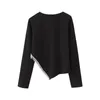 Koszulki damskie Womans Black T-shirt 2023 Autumn Long Rleeve Tops żeńskie miękkie pulloje o nokrecie kobiety eleganckie asymetryczne rąbek estetyczny