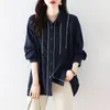 T-shirt da donna 2023 Autunno Blu Stripe stampato camicia a maniche lunghe in seta Top collo alto allentato grande cardigan sottile T-shirt