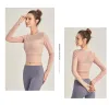 Sports tops for Women's long-sleeved yoga outfits solid sunscreen color breathable fitness clothes The netting showed its navel round neck running gym tops