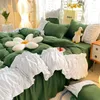 Sängkläder sätter romantisk prinsessa grön spets täcke täckning set flickor kvinna fast färg säng kjol blad dekor sovrum hem textilier 231211