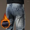Jeans pour hommes Retre Blue Fleece Hommes 2023 Hiver Stretch Slim Épais Chaud Velours Pantalon Mode Coréen Mâle Peluche Skinny Denim Pantalon