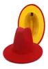 Qbhat Red Yellow Patchwork Wool Felt Panama Fedora Wide Brim Hat Flat Brim Top Jazz Cap för damer Kvinnor Män Casual Church Hat4785337